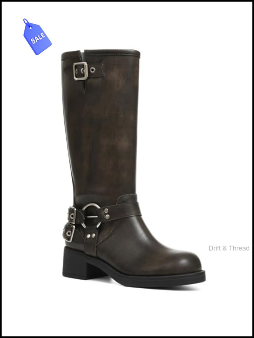 Knee High Boots Women Moto Biker Buckle Tall Block Heel Riding Combat Boots